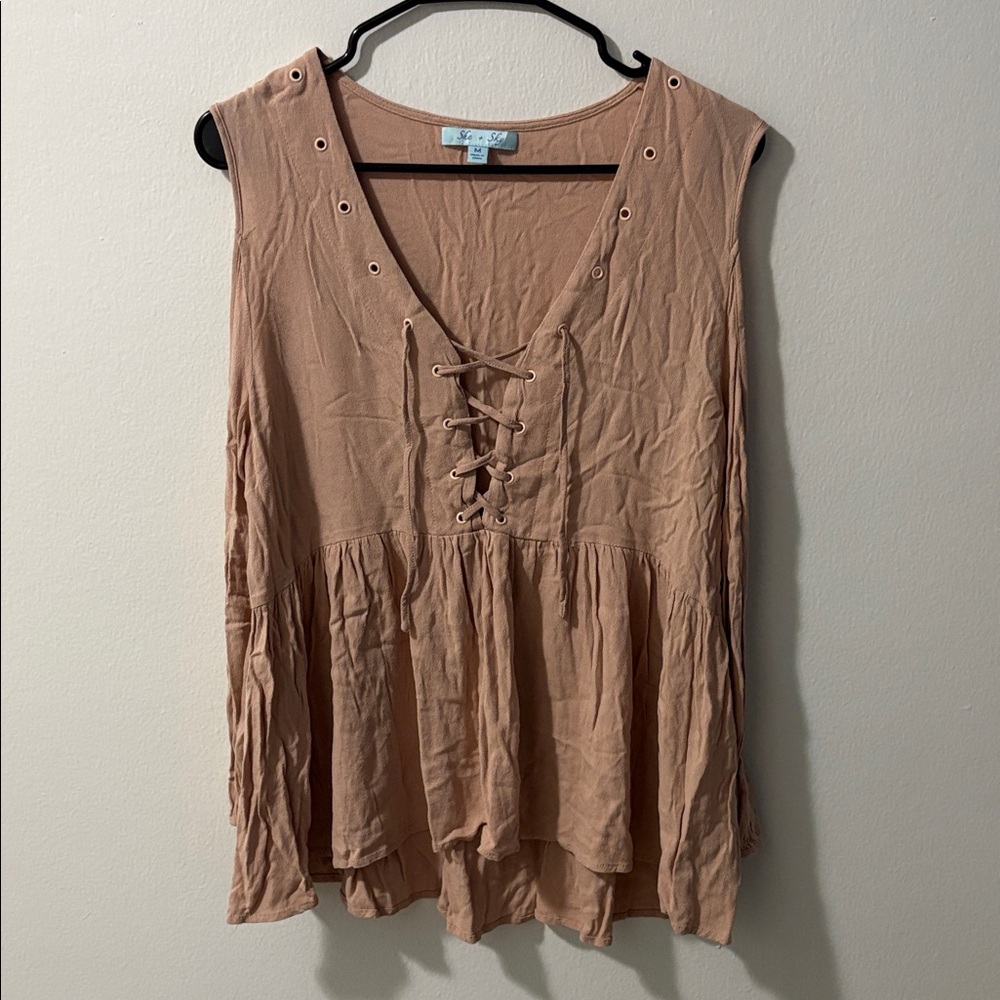 She + Sky Lace-Up Blouse in Tan